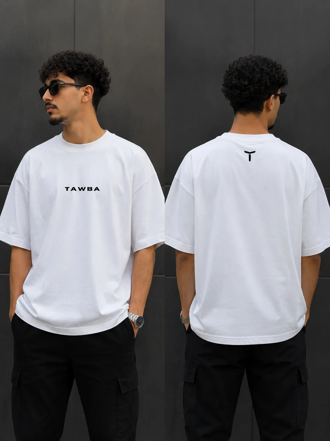 Modèle portant le T-shirt oversize blanc TAWBA, face et dos